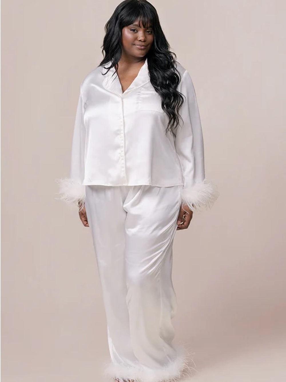 White satin bridal pajamas set feather lined bachelorette medium